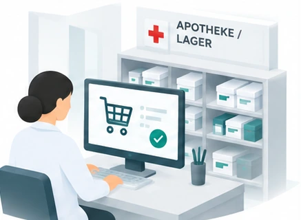 Mitarbeiterin in der Apotheke sieht die eingegangene Bestellung am Bildschirm