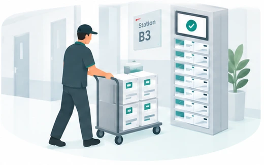 Logistikmitarbeiter liefert Ware mit einem Rollwagen zum Modulschrank auf Station B3